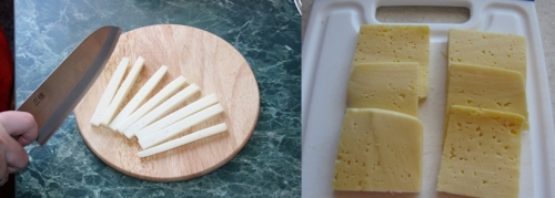 Нарізаємо пластинками сир або брусочками